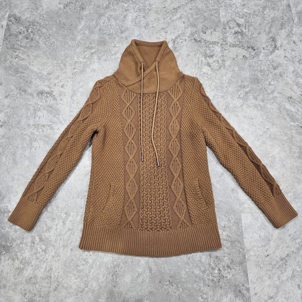 L.L. Bean‎ Signature Cotton Funnelneck Sweater Golden Brown Cable Knit Size M